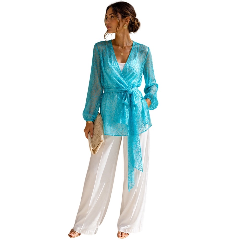 Carlisle Collection Turquoise Blue Embroidered Sheer Wrap Top Sz. 10 Resort Glam